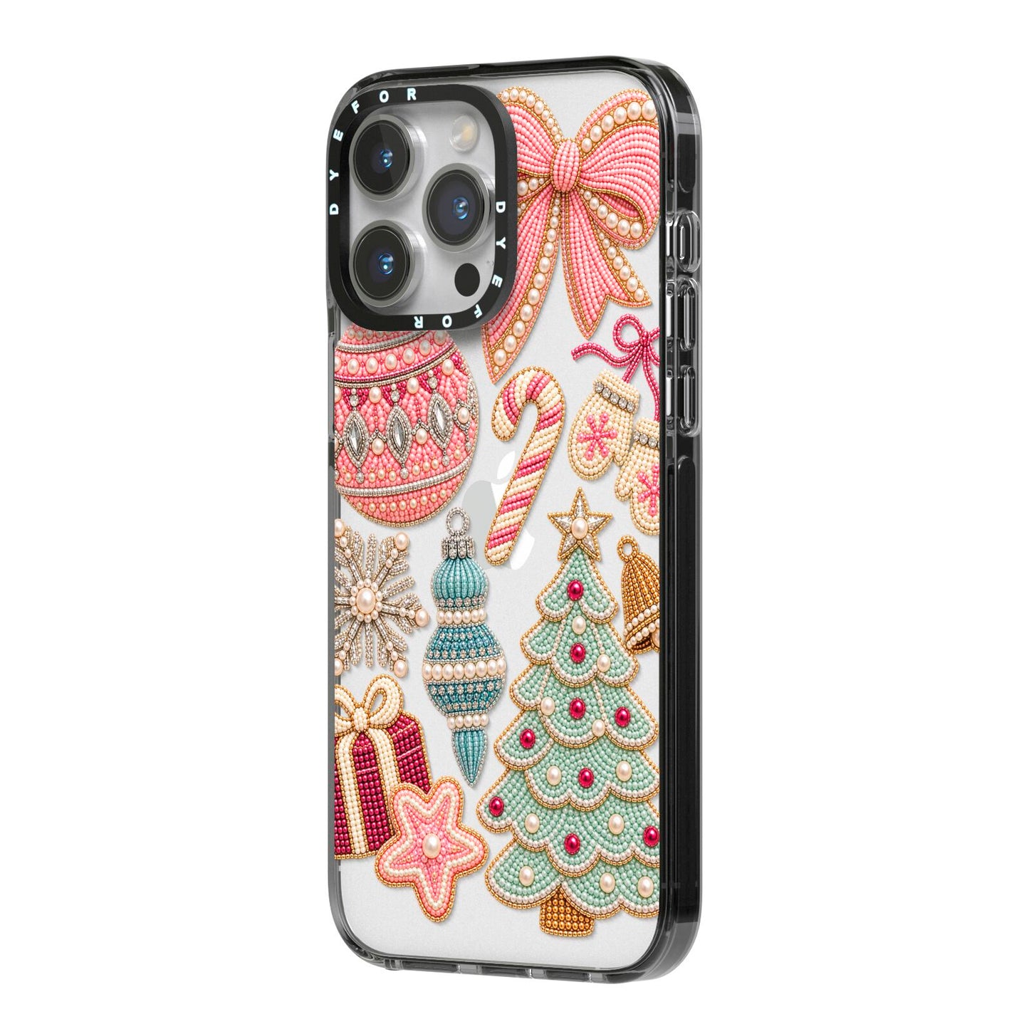 Sugarplum Christmas Charms iPhone 14 Pro Max Black Impact Case Side Angle on Silver phone