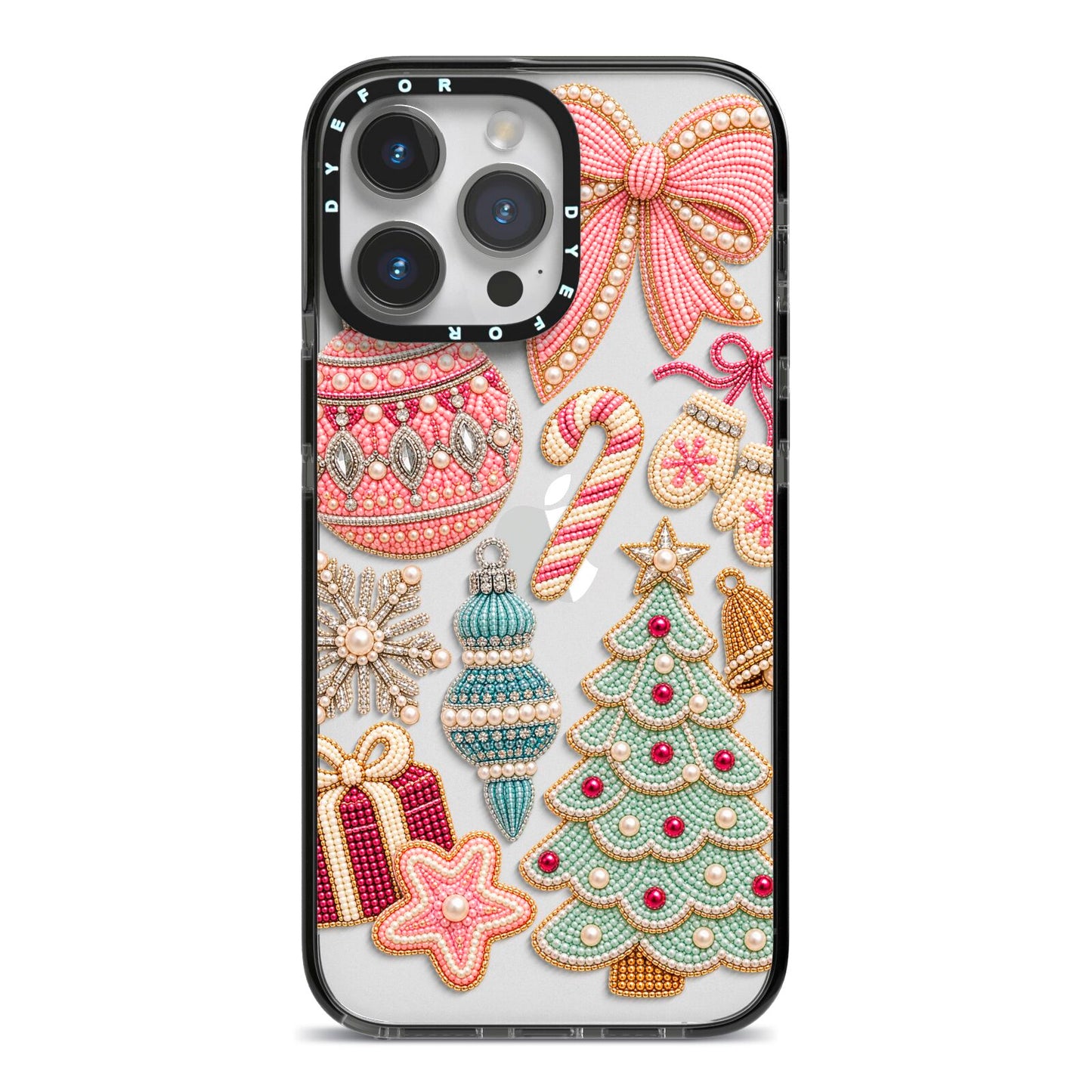 Sugarplum Christmas Charms iPhone 14 Pro Max Black Impact Case on Silver phone