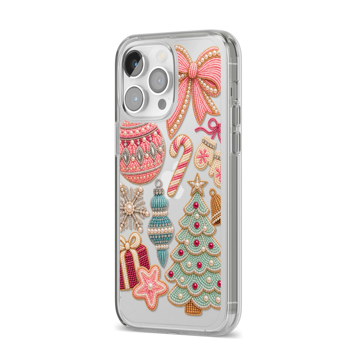 Sugarplum Christmas Charms iPhone 14 Pro Max Clear Tough Case Silver Angled Image