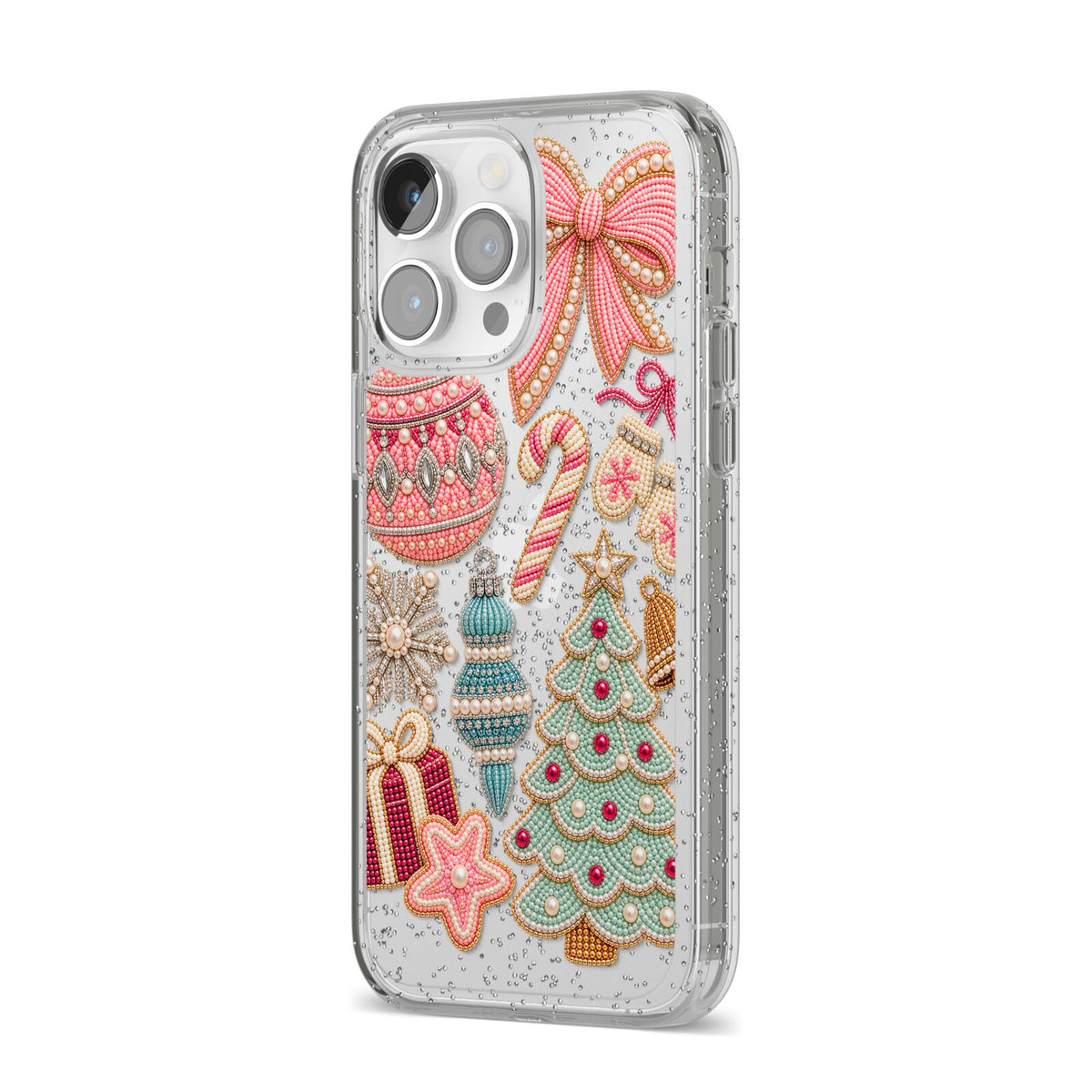 Sugarplum Christmas Charms iPhone 14 Pro Max Glitter Tough Case Silver Angled Image