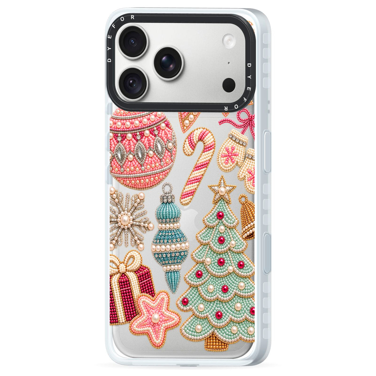 Sugarplum Christmas Charms iPhone 18 Pro Black Impact Pre order Case Side Angle on Silver phone