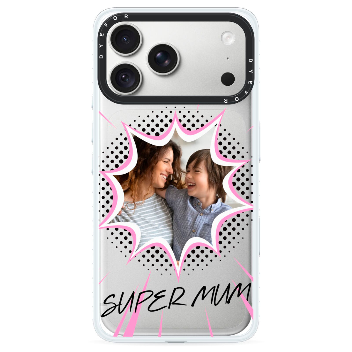 Super Mum Photo iPhone 18 Pro Max Black Impact Pre order Case on Silver phone