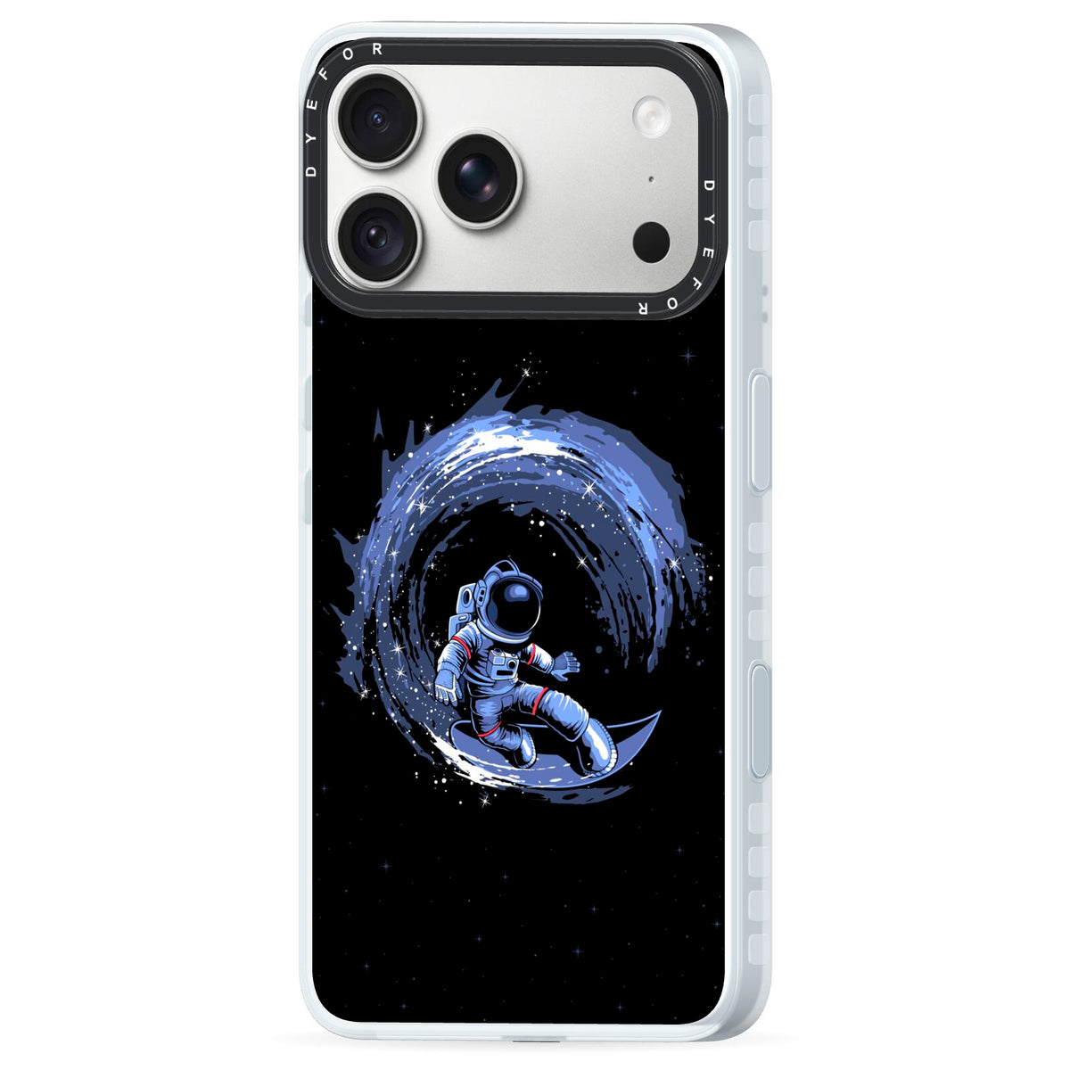 Surfing Astronaut iPhone 18 Pro Black Impact Pre order Case Side Angle on Silver phone
