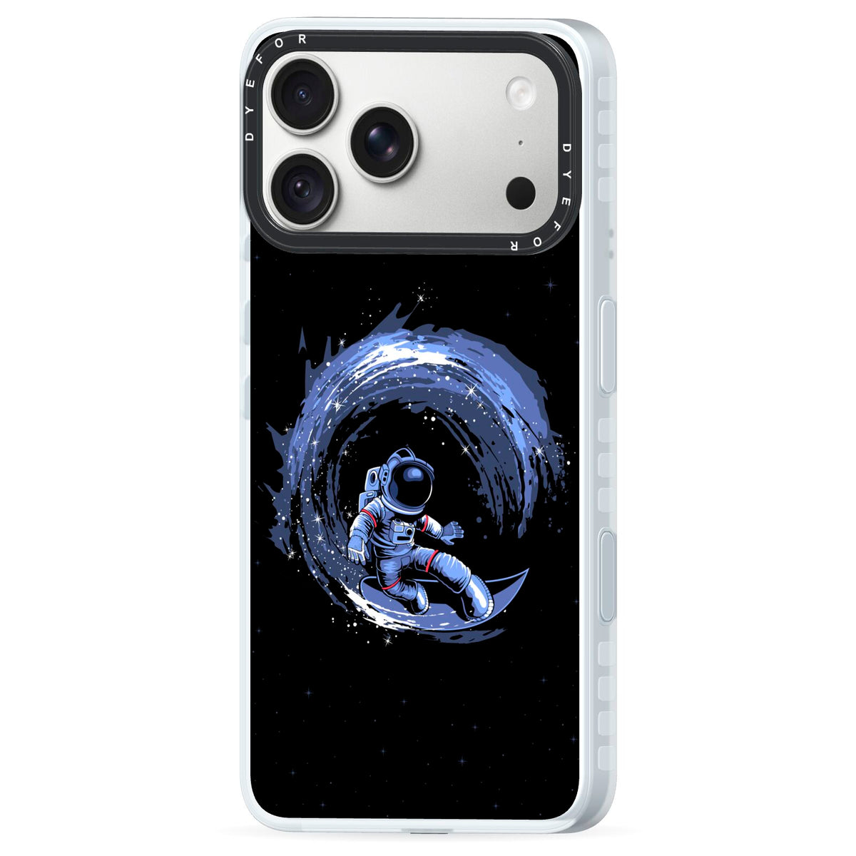 Surfing Astronaut iPhone 18 Pro Max Black Impact Pre order Case Side Angle on Silver phone