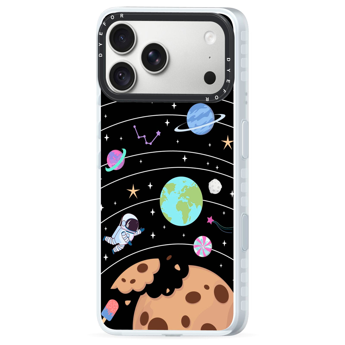 Sweet Celestial Scene iPhone 18 Pro Max Black Impact Pre order Case Side Angle on Silver phone
