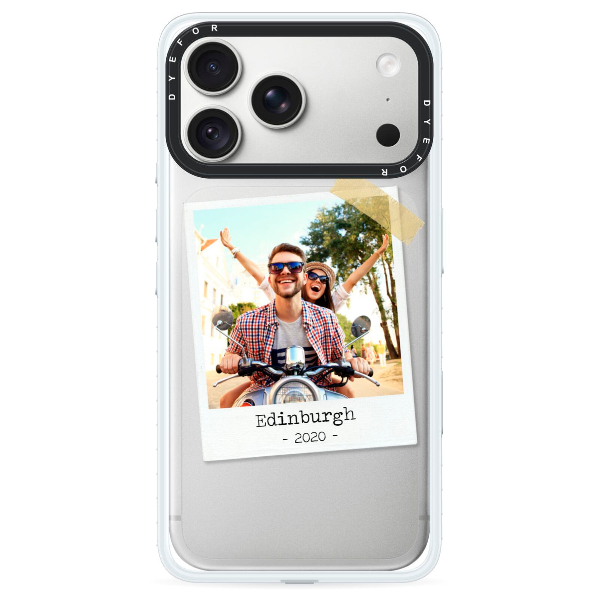 Taped Holiday Snap Photo Upload iPhone 18 Pro Black Impact Pre order Case on Silver phone