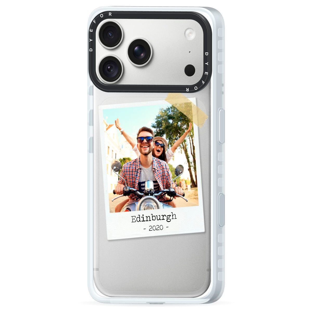 Taped Holiday Snap Photo Upload iPhone 18 Pro Max Black Impact Pre order Case Side Angle on Silver phone