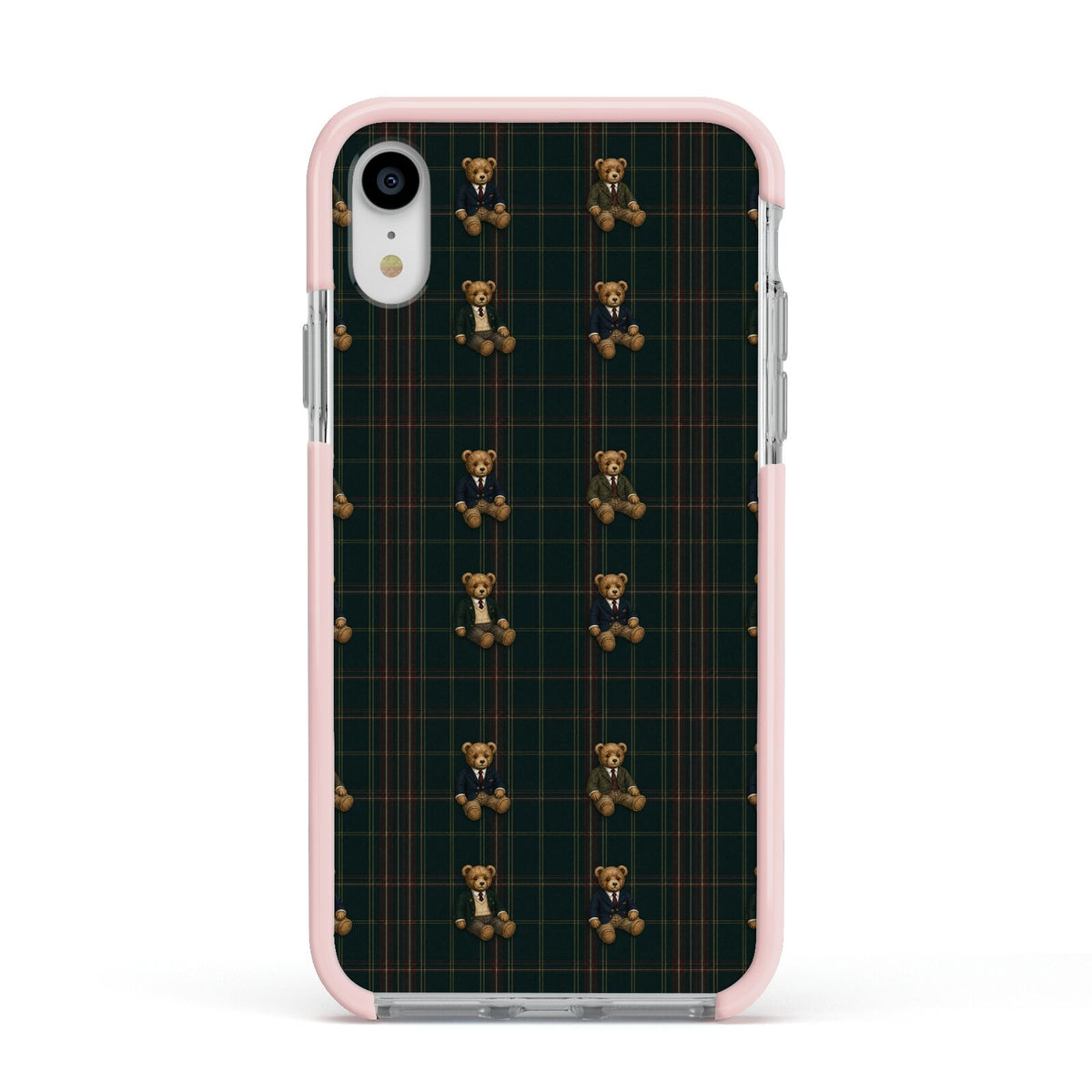 Teddy Traditions Apple iPhone XR Impact Case Pink Edge on Silver Phone