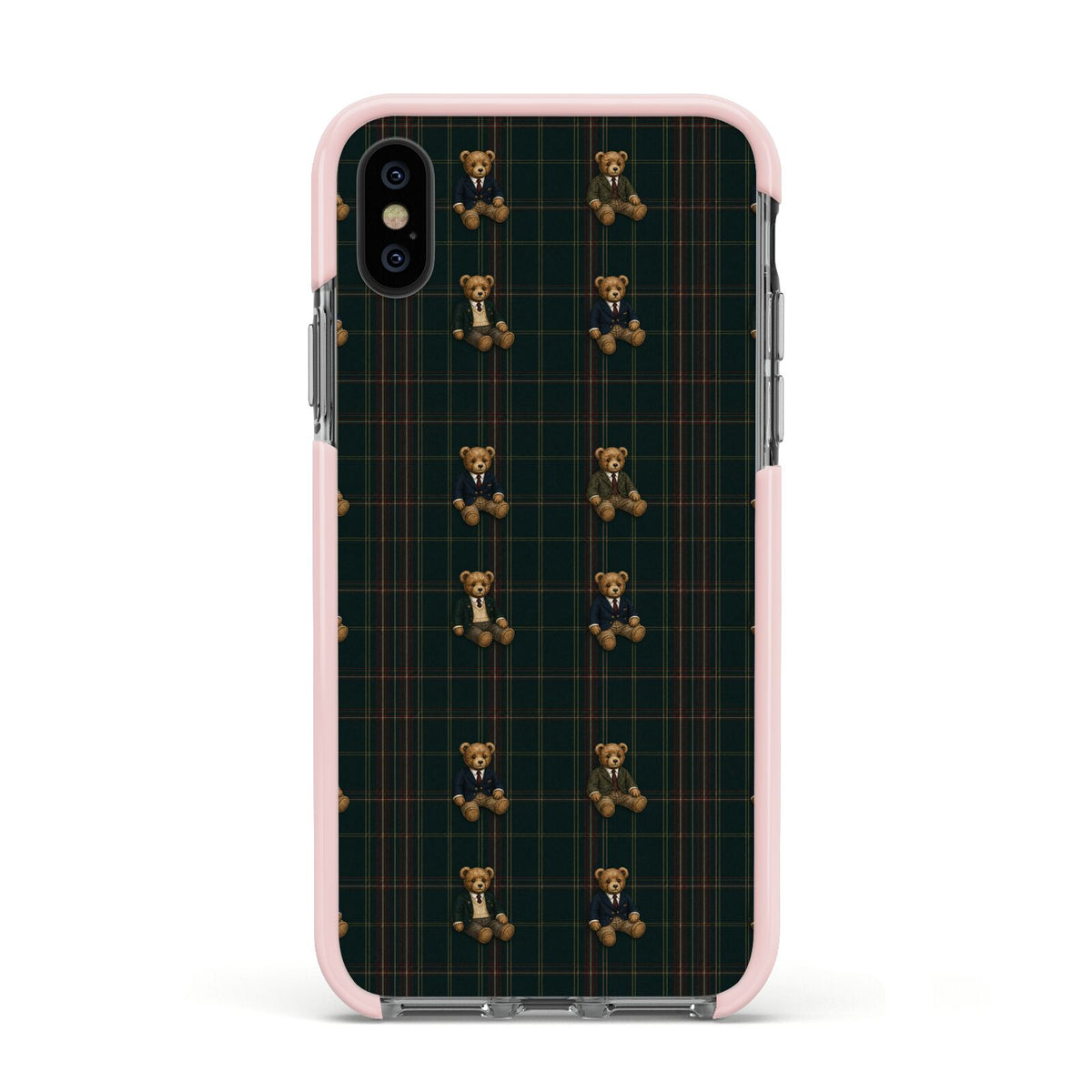 Teddy Traditions Apple iPhone Xs Impact Case Pink Edge on Black Phone