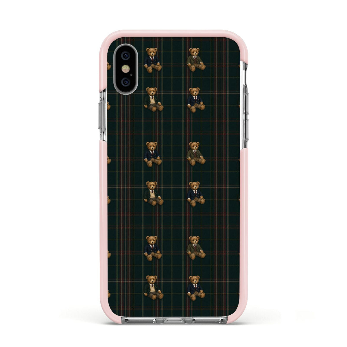 Teddy Traditions Apple iPhone Xs Impact Case Pink Edge on Silver Phone