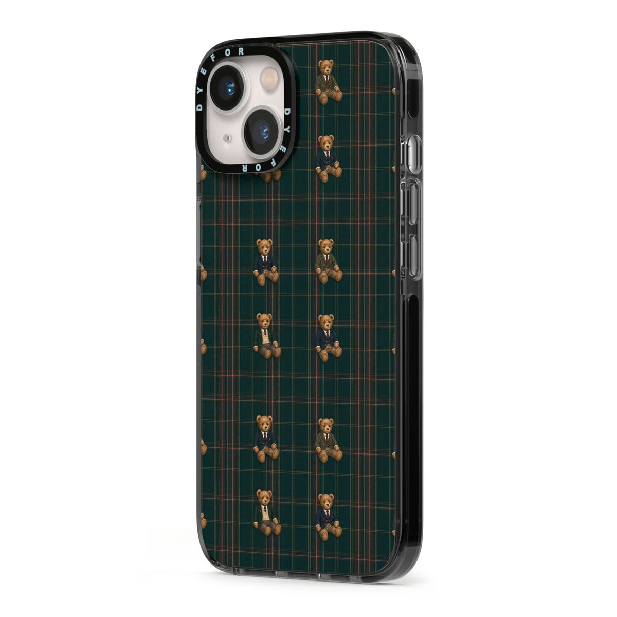 Teddy Traditions iPhone 13 Black Impact Case Side Angle on Silver phone