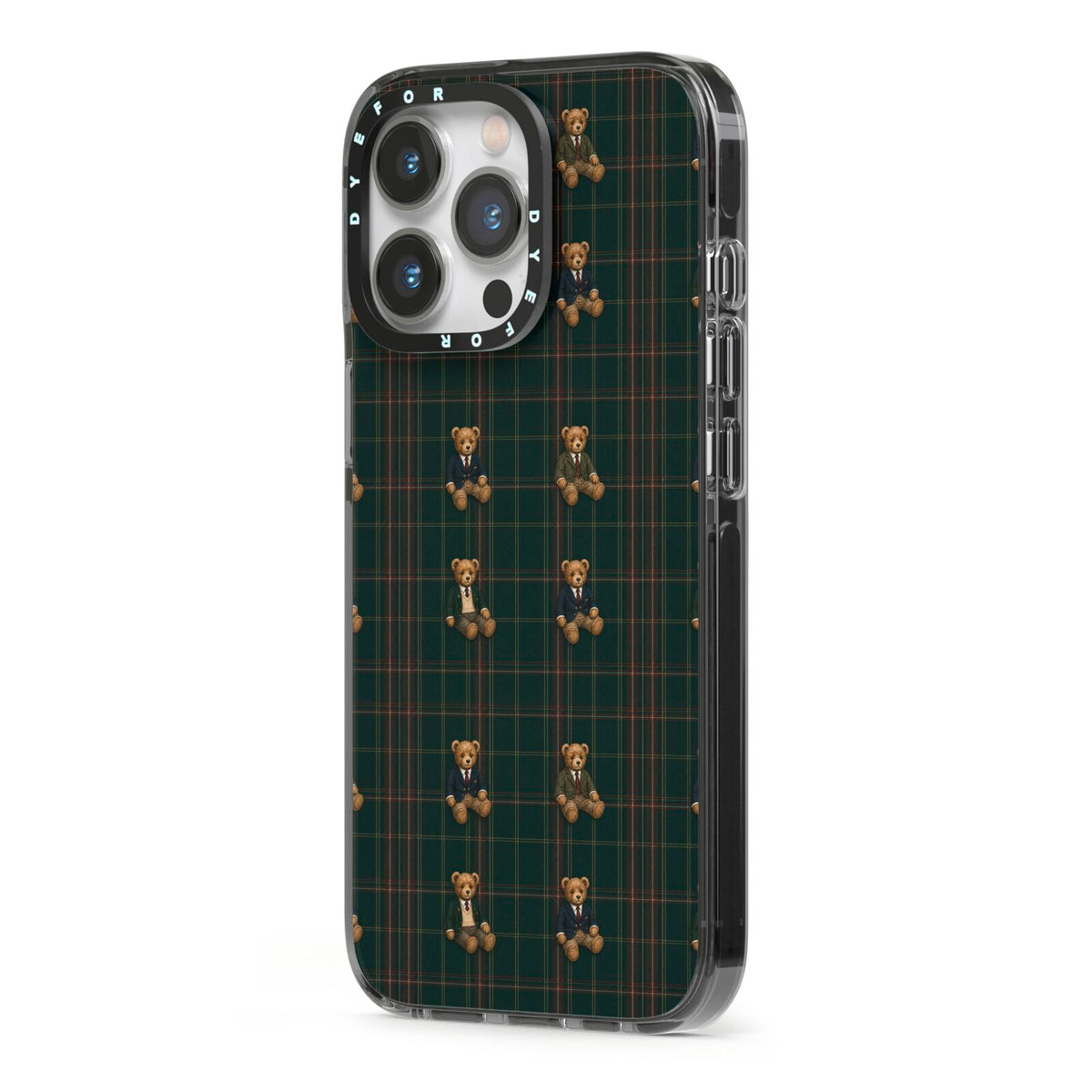 Teddy Traditions iPhone 13 Pro Black Impact Case Side Angle on Silver phone