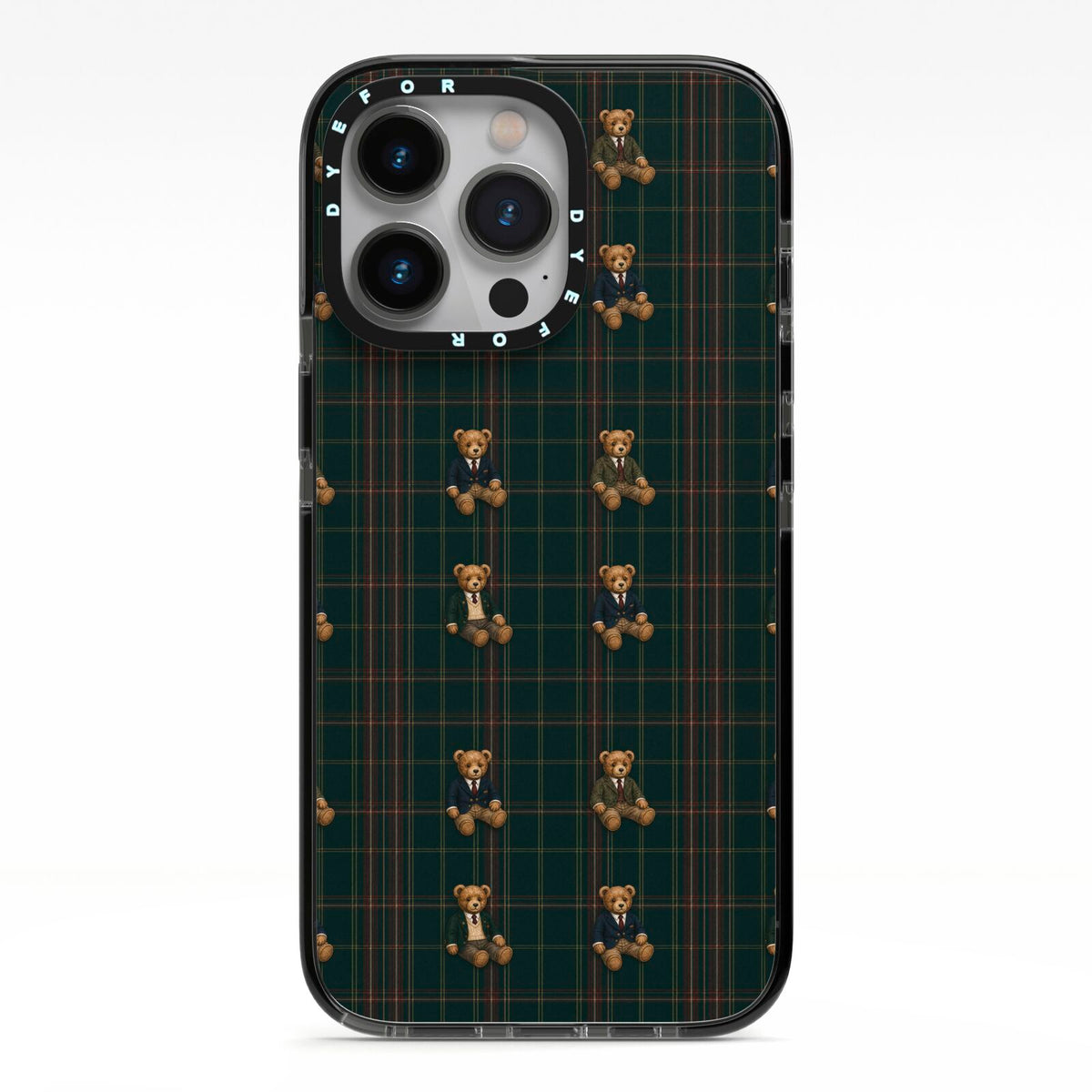 Teddy Traditions iPhone 13 Pro Black Impact Case on Silver phone