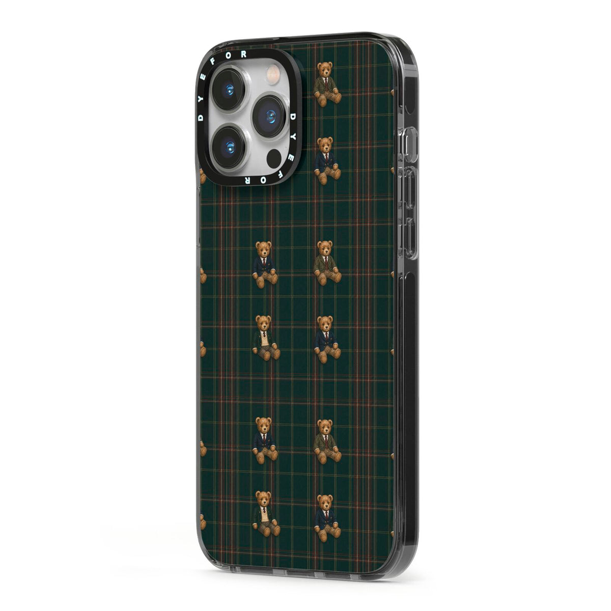 Teddy Traditions iPhone 13 Pro Max Black Impact Case Side Angle on Silver phone