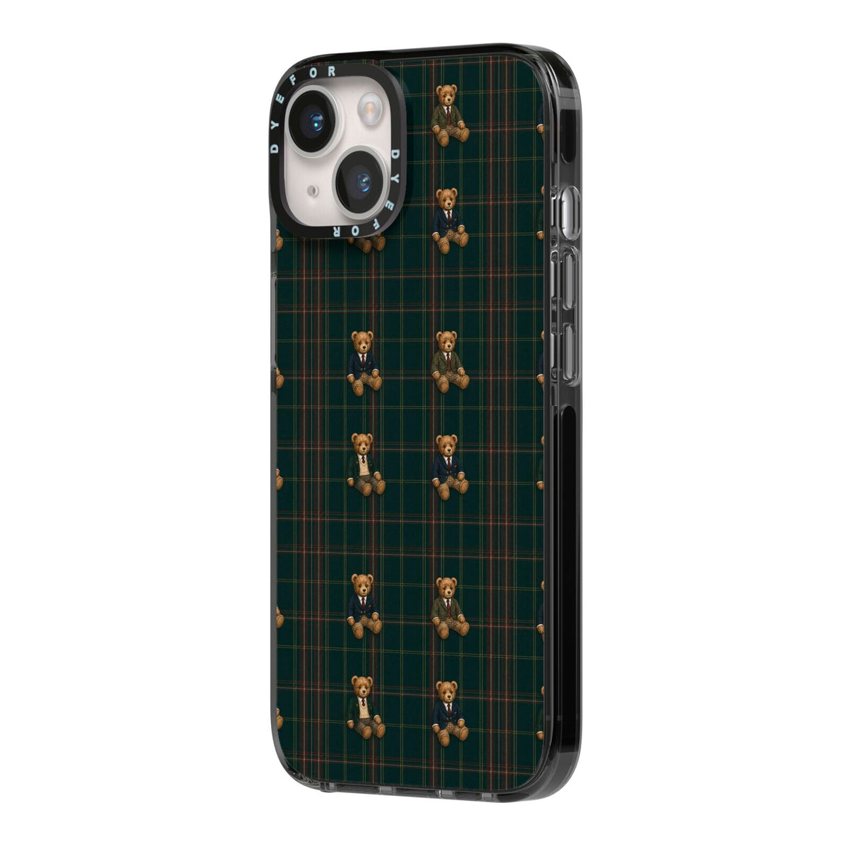 Teddy Traditions iPhone 14 Black Impact Case Side Angle on Silver phone