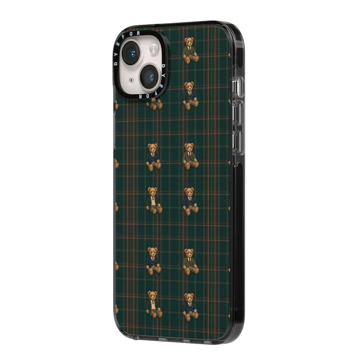 Teddy Traditions iPhone 14 Plus Black Impact Case Side Angle on Silver phone