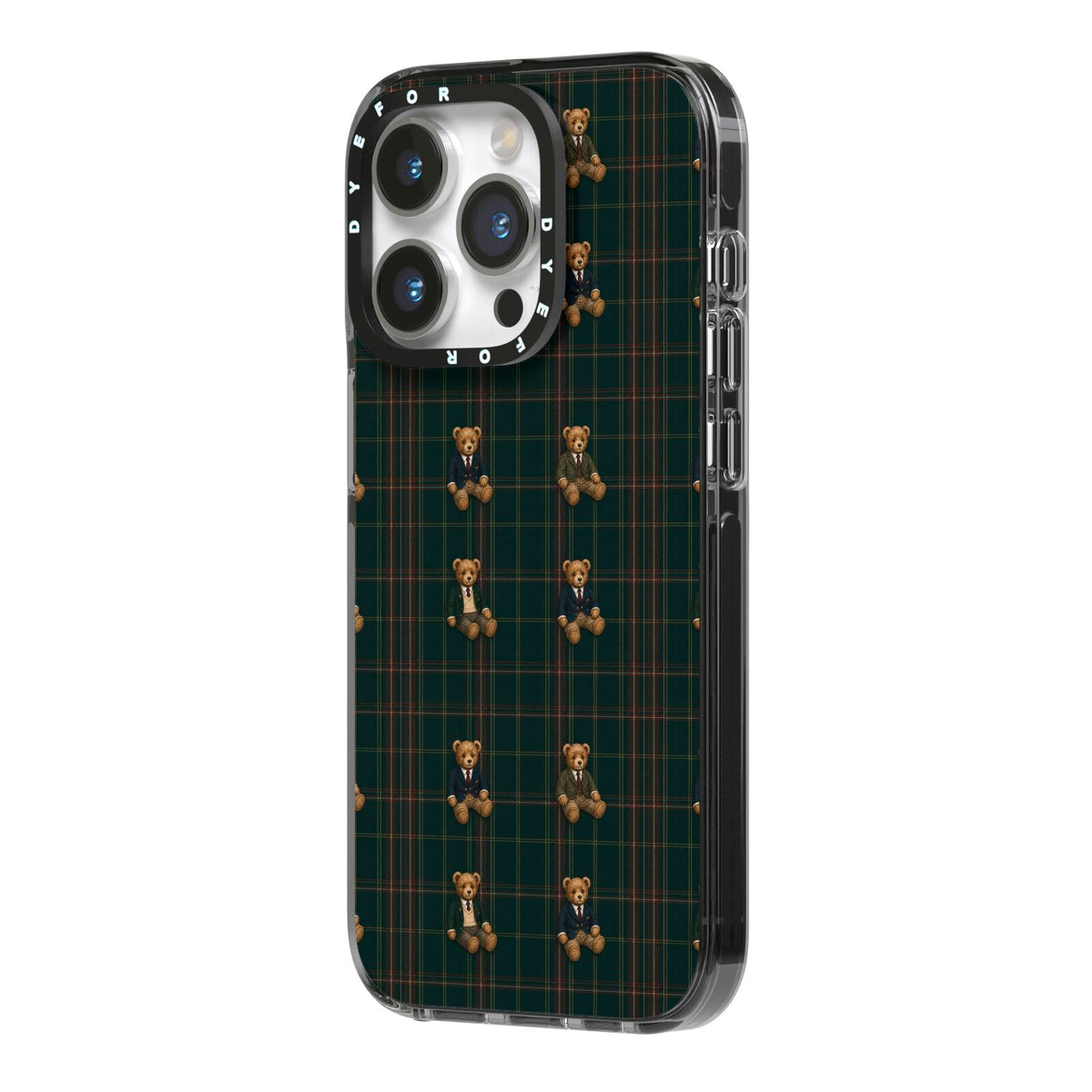Teddy Traditions iPhone 14 Pro Black Impact Case Side Angle on Silver phone