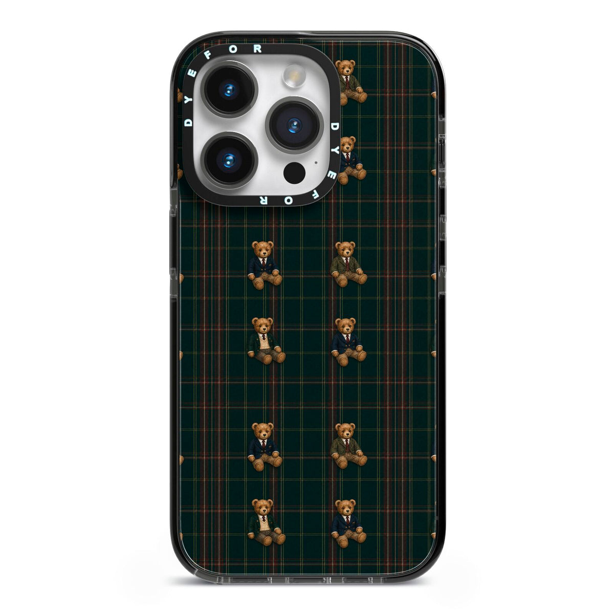 Teddy Traditions iPhone 14 Pro Black Impact Case on Silver phone