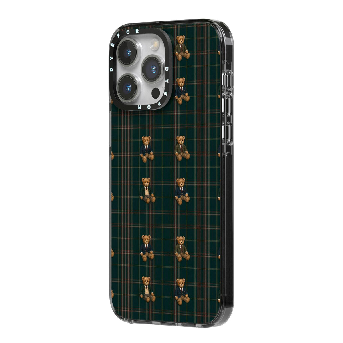 Teddy Traditions iPhone 14 Pro Max Black Impact Case Side Angle on Silver phone