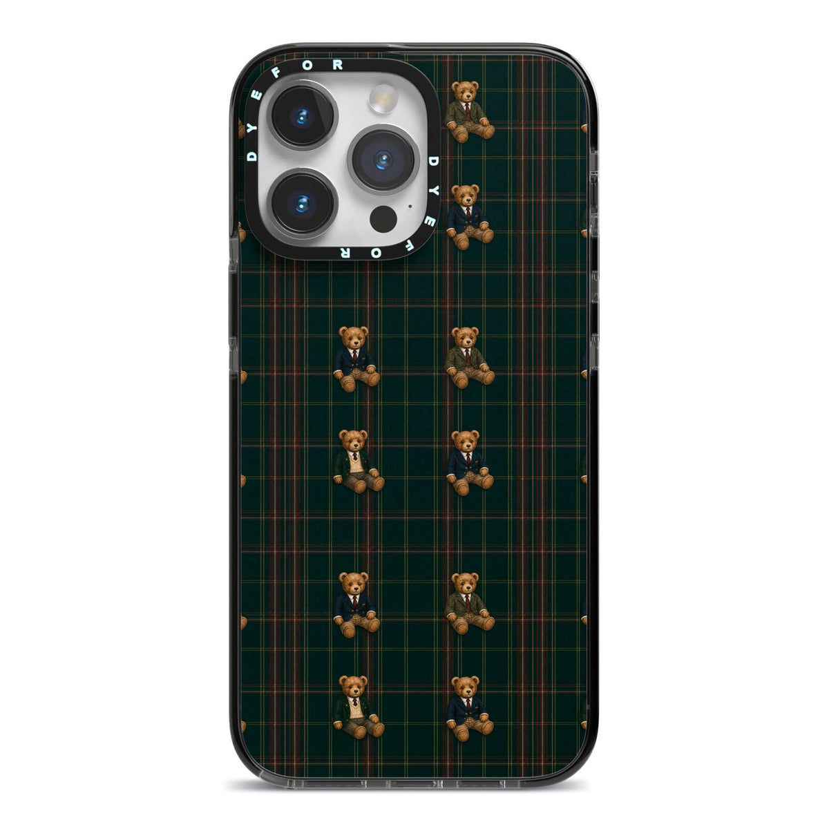 Teddy Traditions iPhone 14 Pro Max Black Impact Case on Silver phone