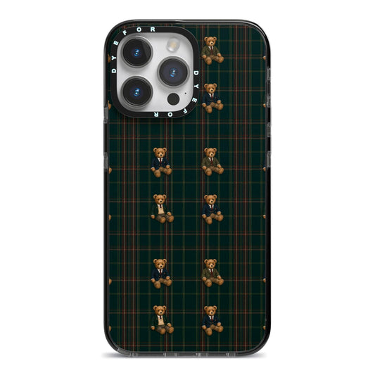 Teddy Traditions iPhone 14 Pro Max Black Impact Case on Silver phone