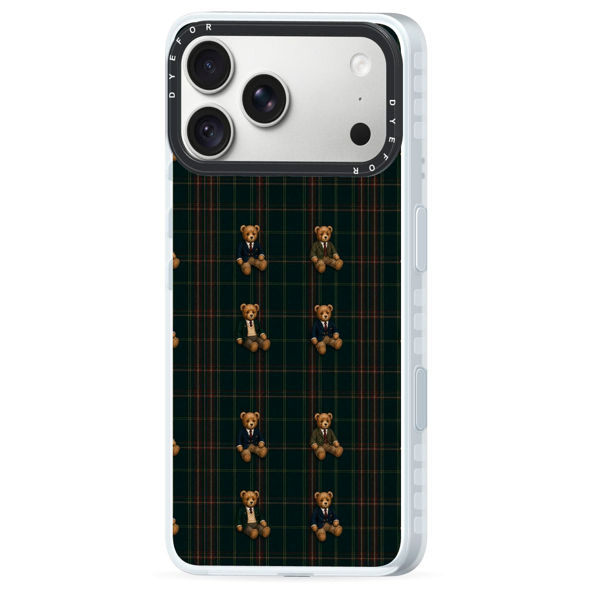 Teddy Traditions iPhone 18 Pro Black Impact Pre order Case Side Angle on Silver phone
