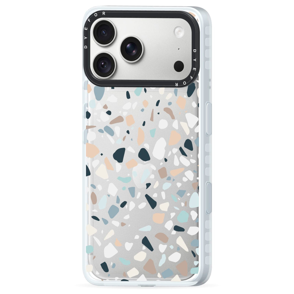 Terrazzo Pattern iPhone 18 Pro Max Black Impact Pre order Case Side Angle on Silver phone