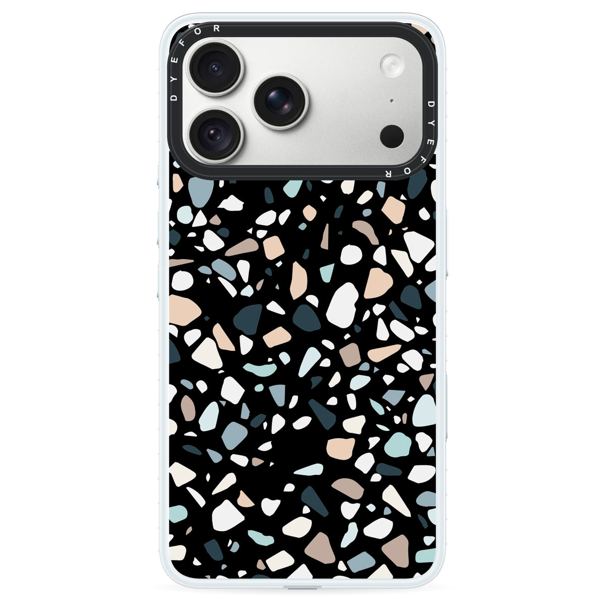 Terrazzo iPhone 18 Pro Black Impact Pre order Case on Silver phone