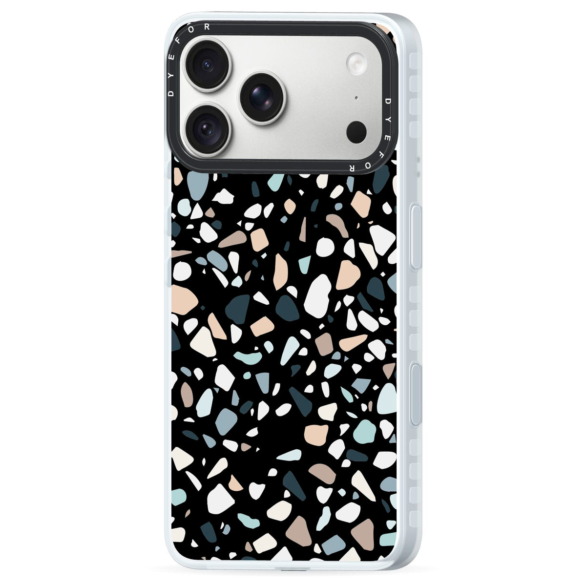 Terrazzo iPhone 18 Pro Max Black Impact Pre order Case Side Angle on Silver phone