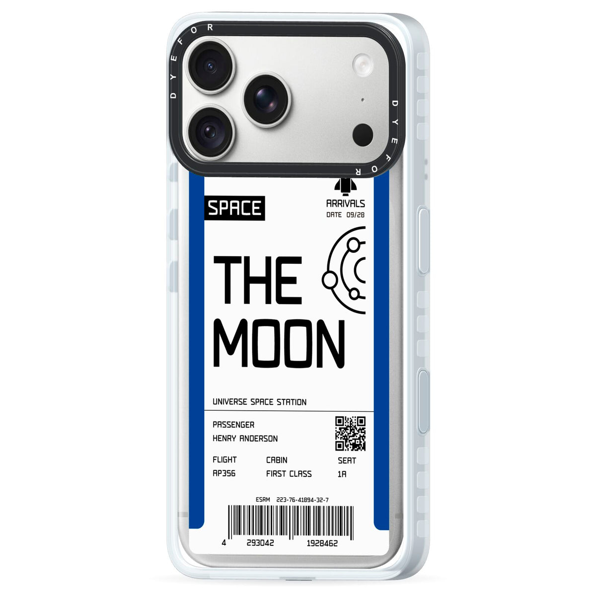 The Moon Boarding Pass iPhone 18 Pro Black Impact Pre order Case Side Angle on Silver phone