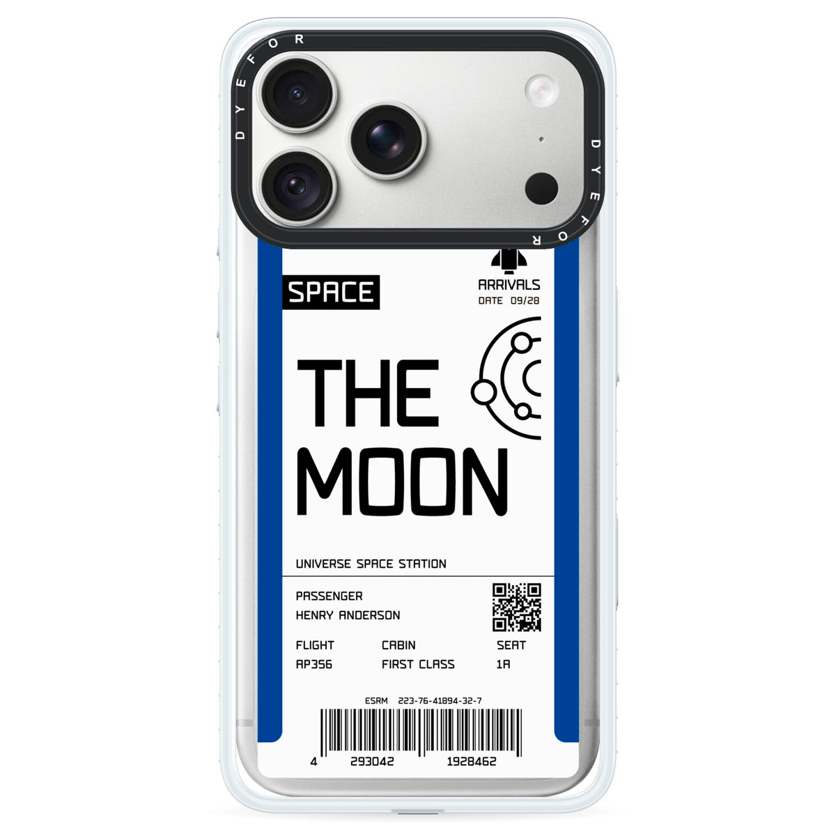 The Moon Boarding Pass iPhone 18 Pro Black Impact Pre order Case on Silver phone