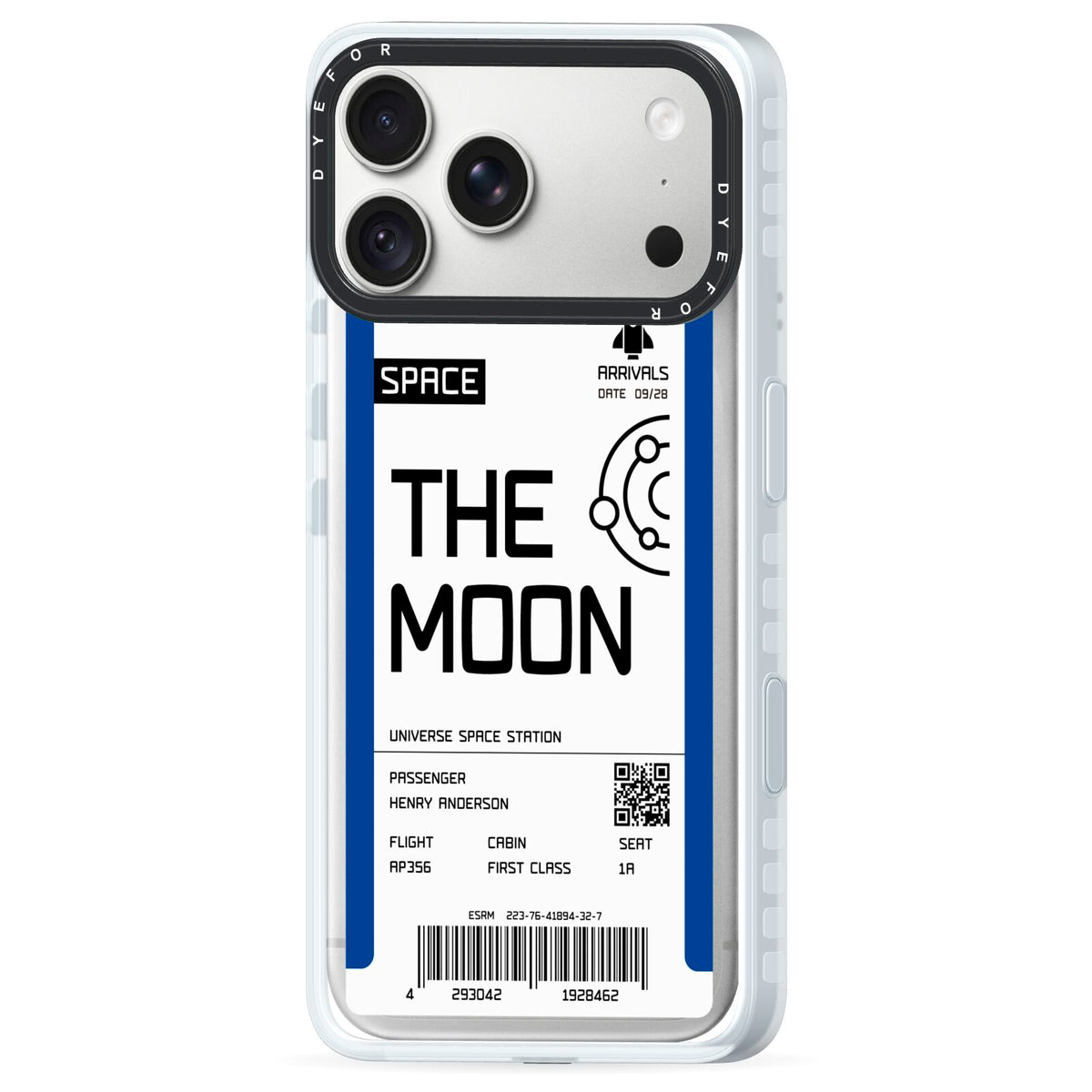 The Moon Boarding Pass iPhone 18 Pro Max Black Impact Pre order Case Side Angle on Silver phone