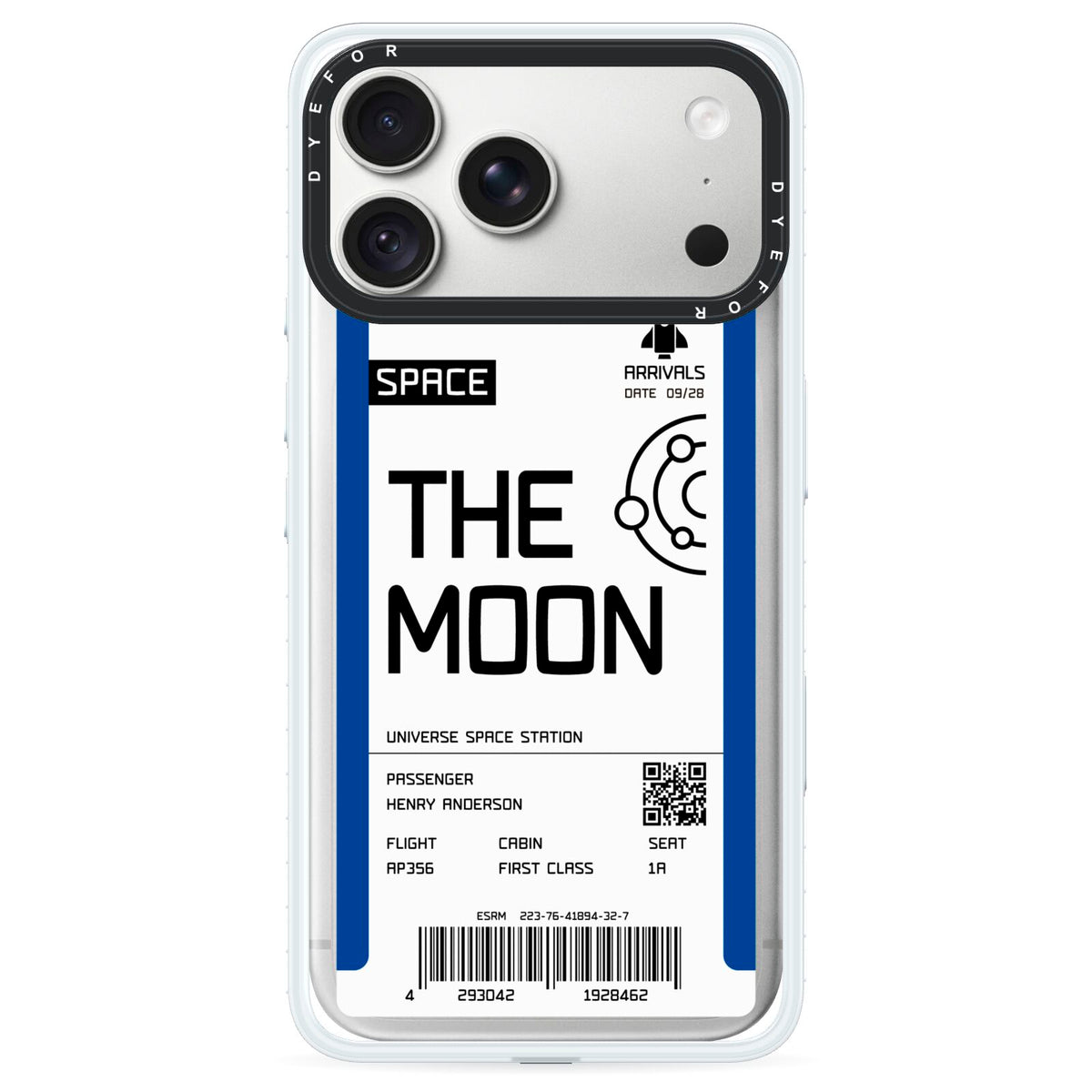 The Moon Boarding Pass iPhone 18 Pro Max Black Impact Pre order Case on Silver phone