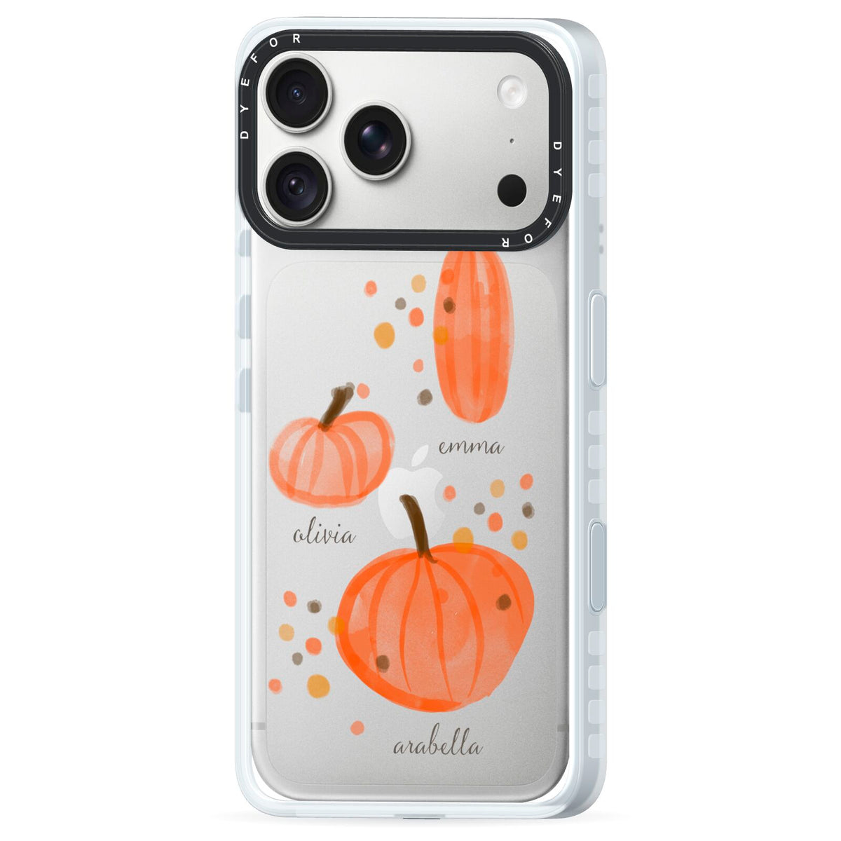 Three Pumpkins Personalised iPhone 18 Pro Black Impact Pre order Case Side Angle on Silver phone