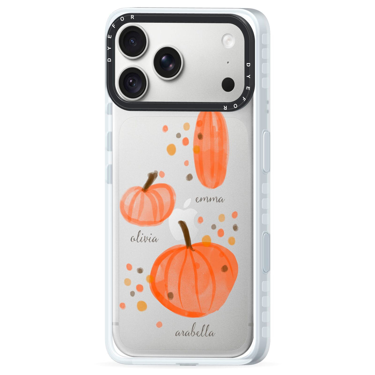 Three Pumpkins Personalised iPhone 18 Pro Max Black Impact Pre order Case Side Angle on Silver phone