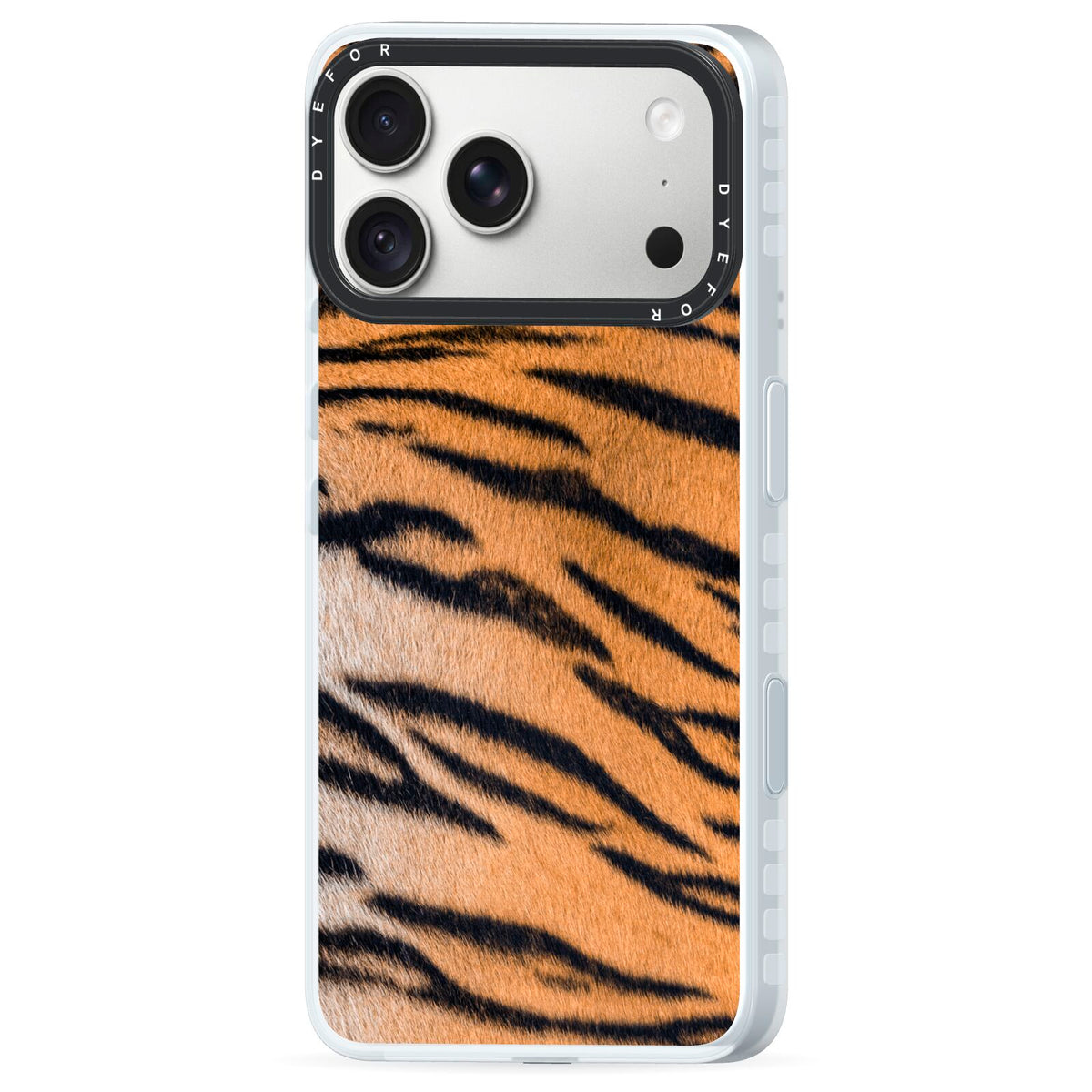 Tiger Print iPhone 18 Pro Black Impact Pre order Case Side Angle on Silver phone