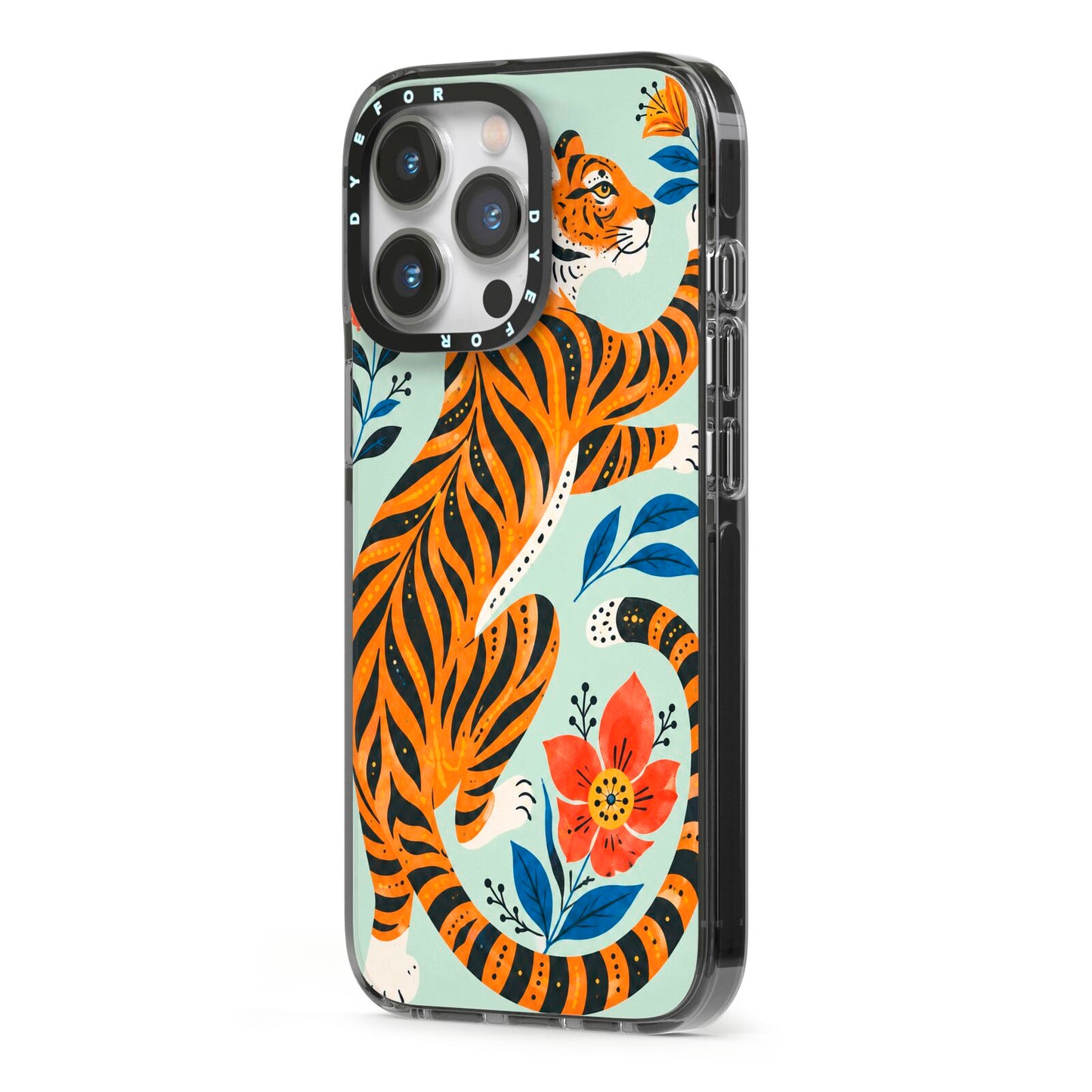 Tiger Reverie iPhone 13 Pro Black Impact Case Side Angle on Silver phone