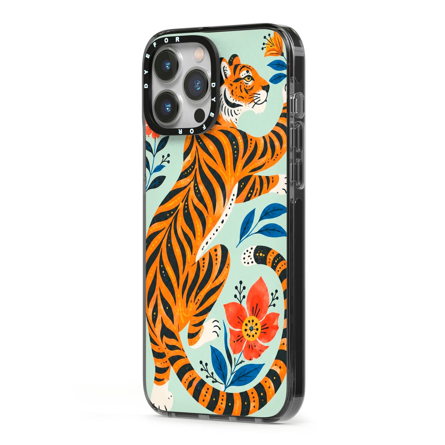 Tiger Reverie iPhone 13 Pro Max Black Impact Case Side Angle on Silver phone