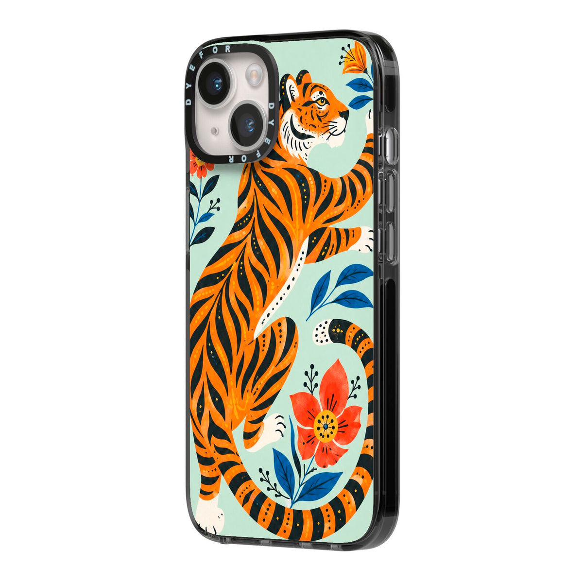 Tiger Reverie iPhone 14 Black Impact Case Side Angle on Silver phone