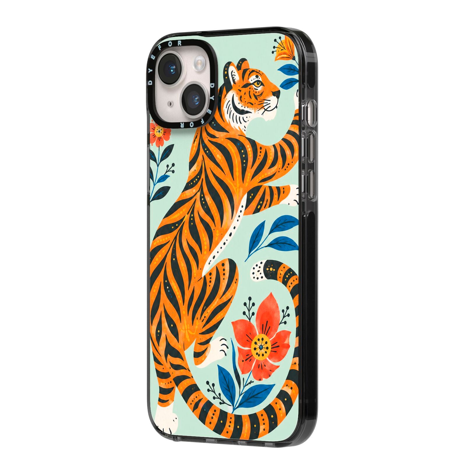Tiger Reverie iPhone 14 Plus Black Impact Case Side Angle on Silver phone
