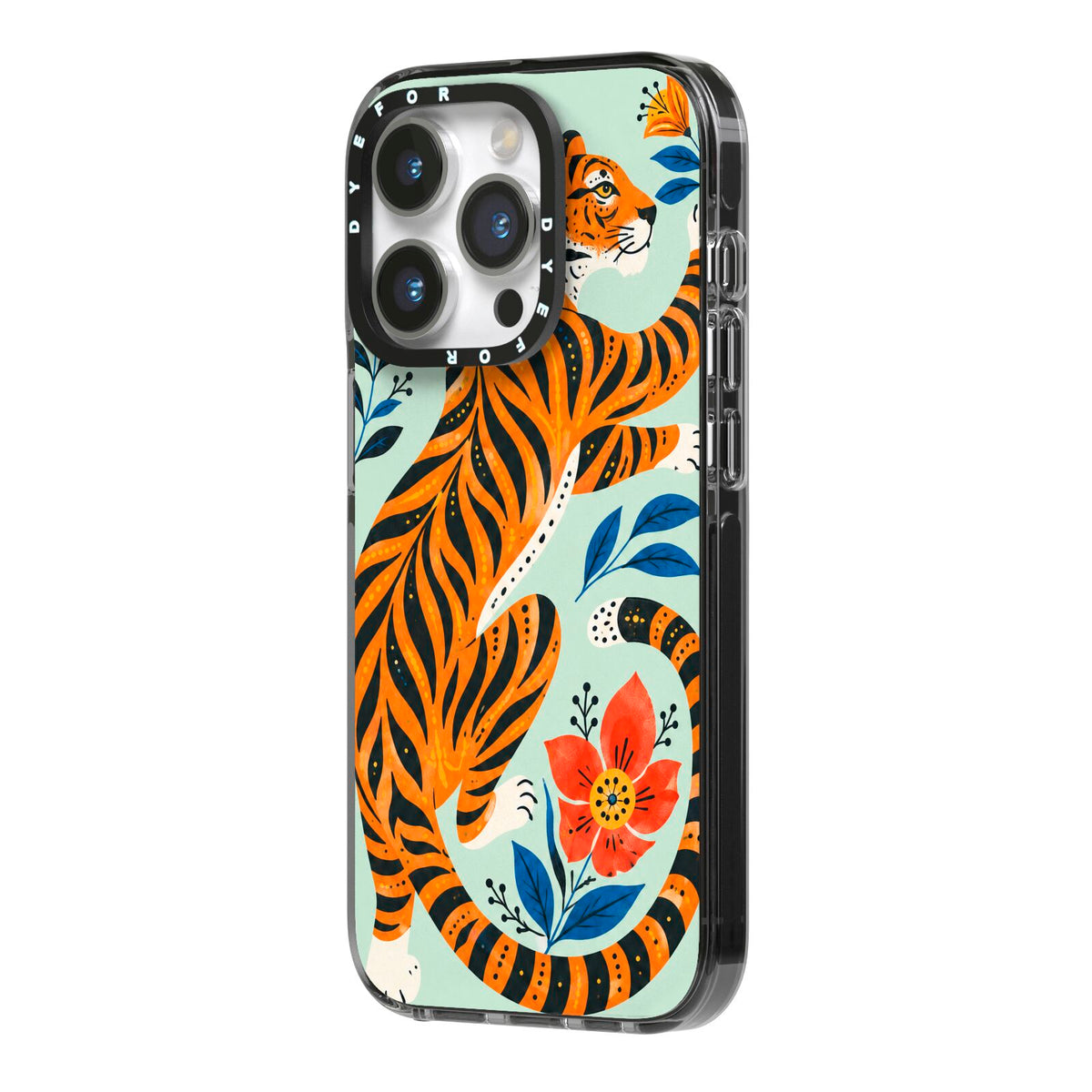 Tiger Reverie iPhone 14 Pro Black Impact Case Side Angle on Silver phone