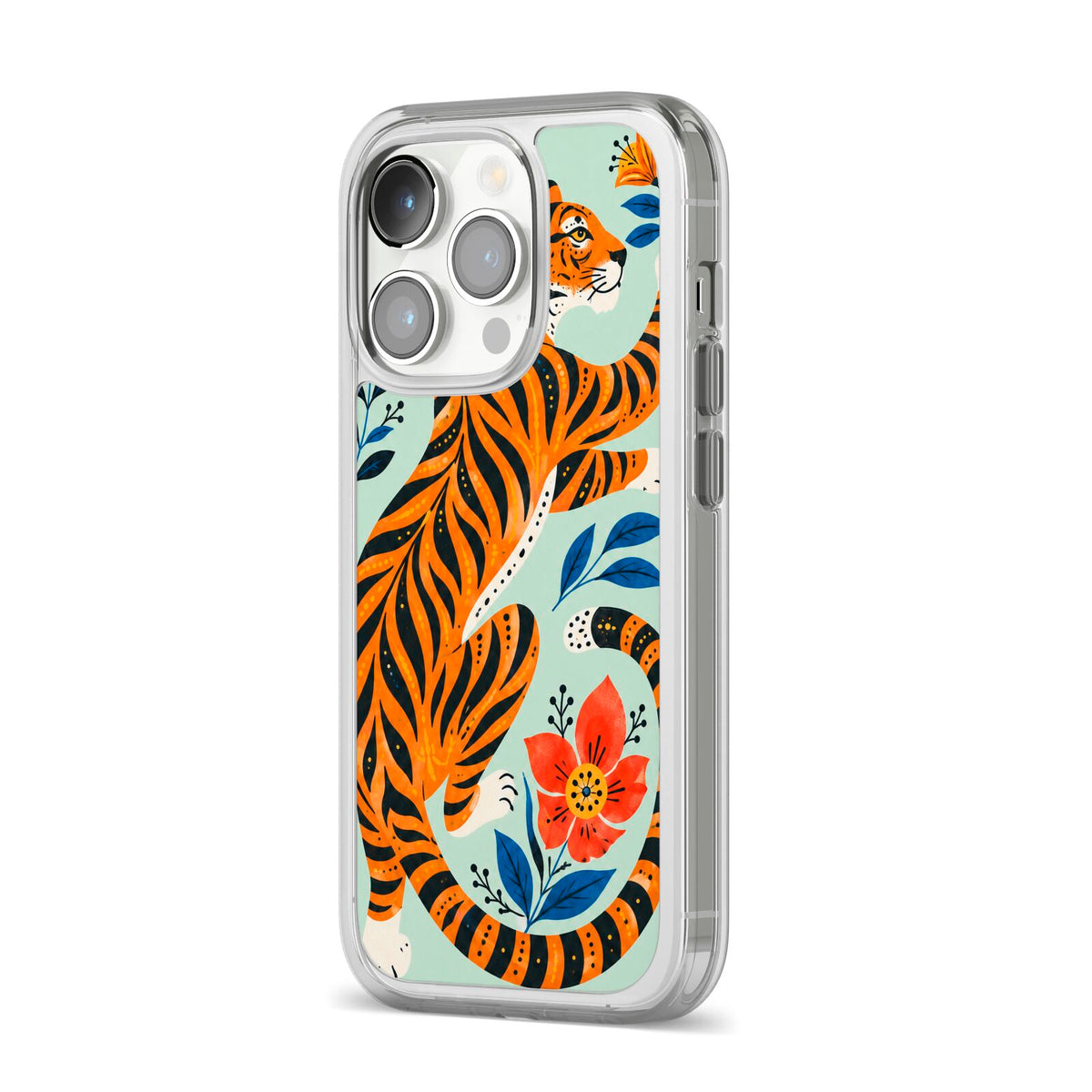 Tiger Reverie iPhone 14 Pro Clear Tough Case Silver Angled Image