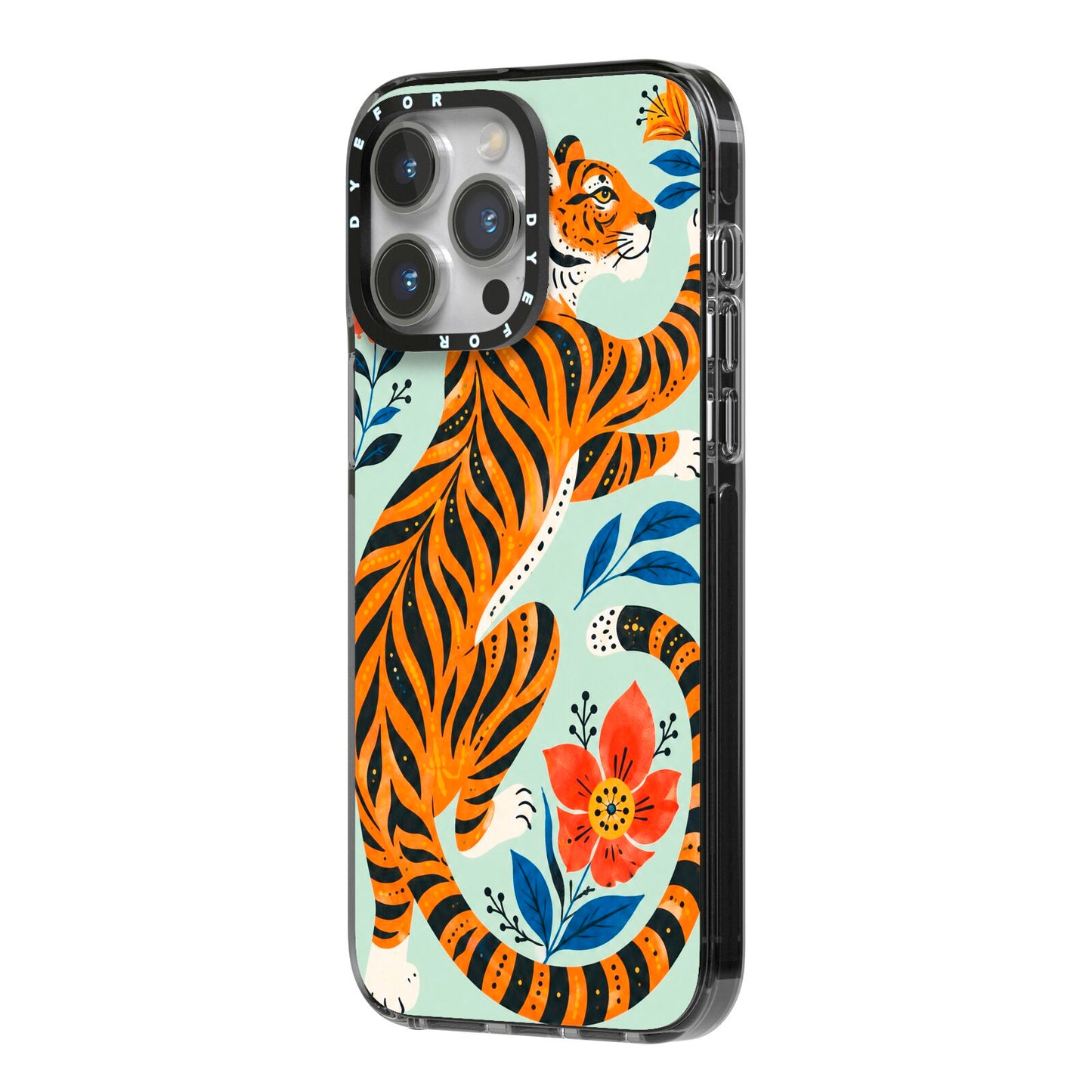 Tiger Reverie iPhone 14 Pro Max Black Impact Case Side Angle on Silver phone