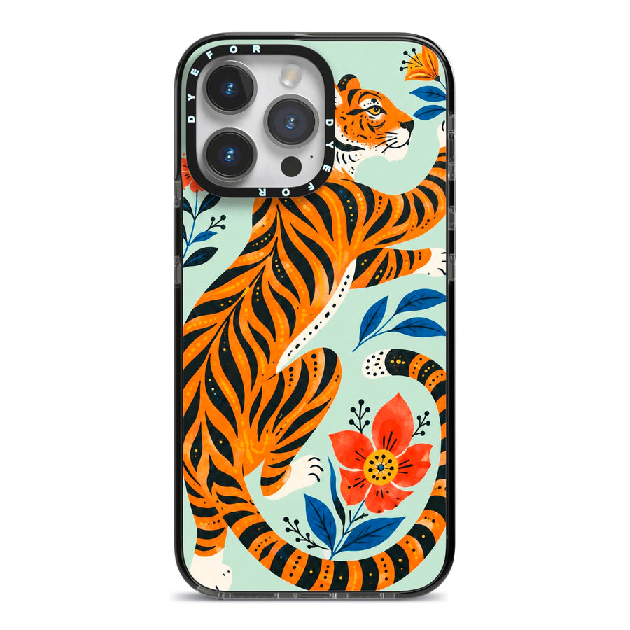 Tiger Reverie iPhone 14 Pro Max Black Impact Case on Silver phone