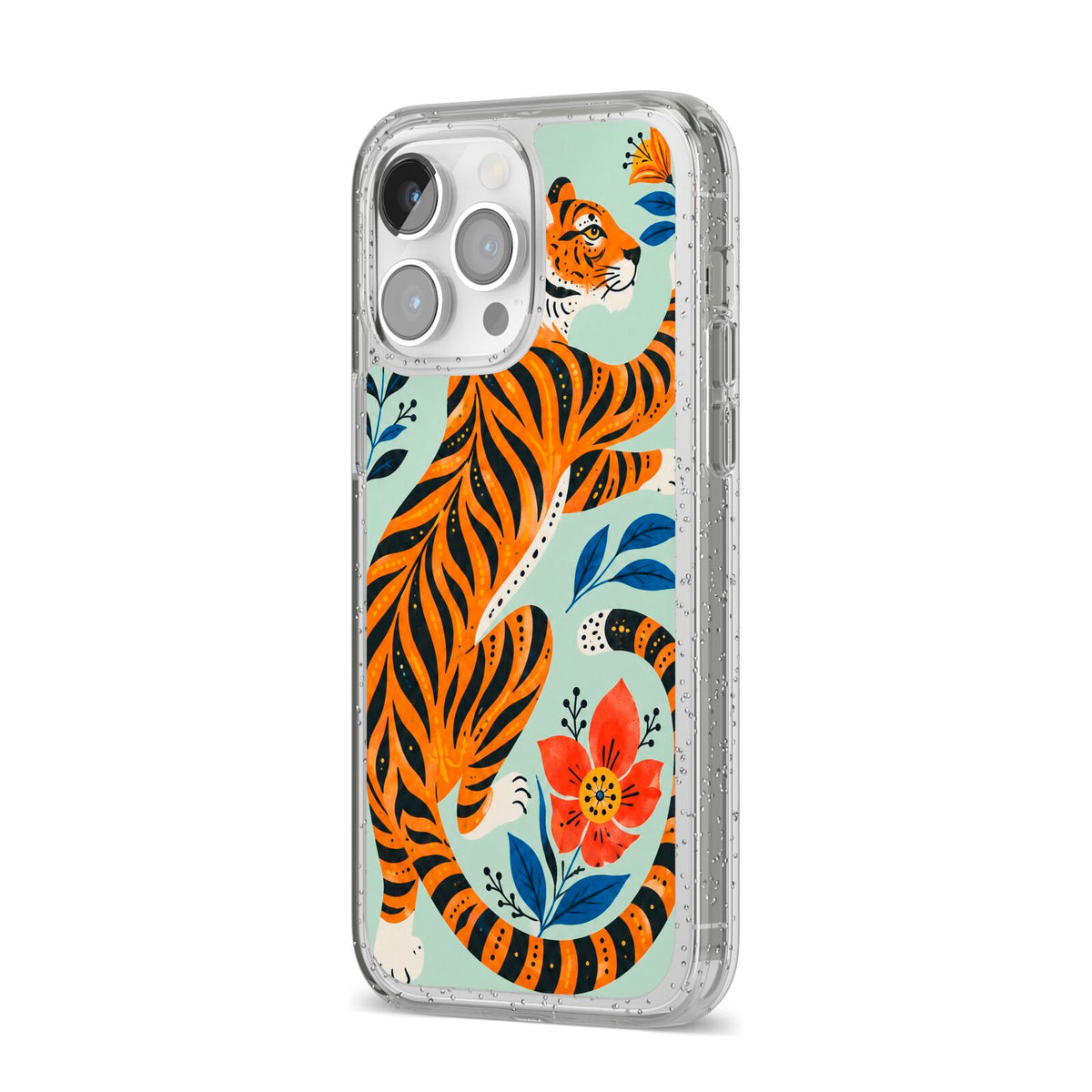 Tiger Reverie iPhone 14 Pro Max Glitter Tough Case Silver Angled Image