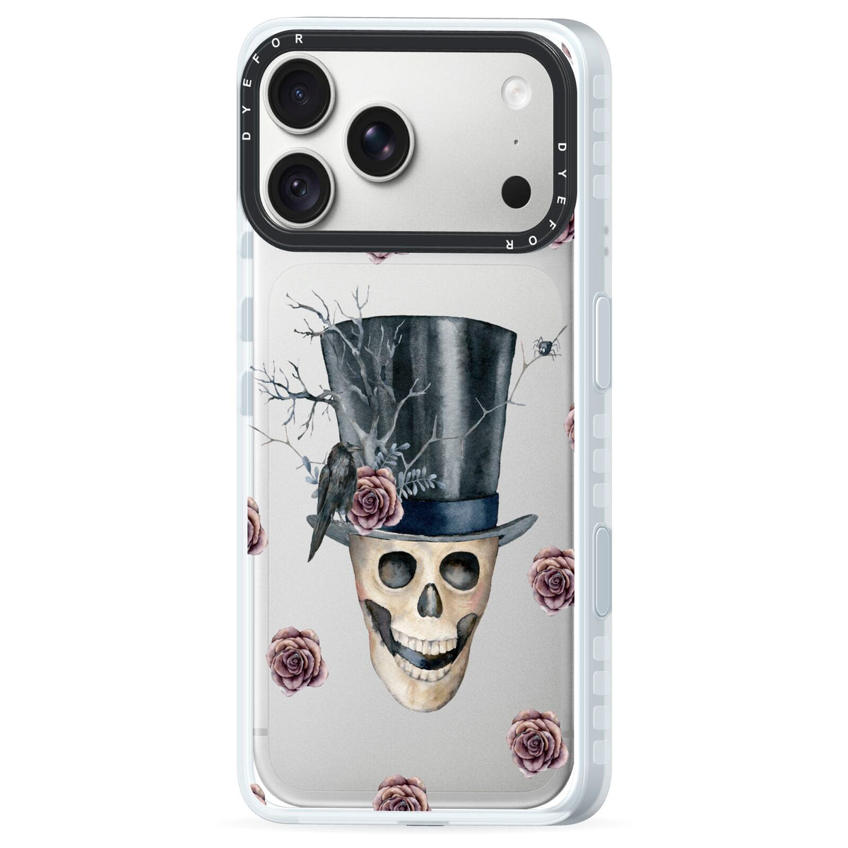Top Hat Skull iPhone 18 Pro Black Impact Pre order Case Side Angle on Silver phone