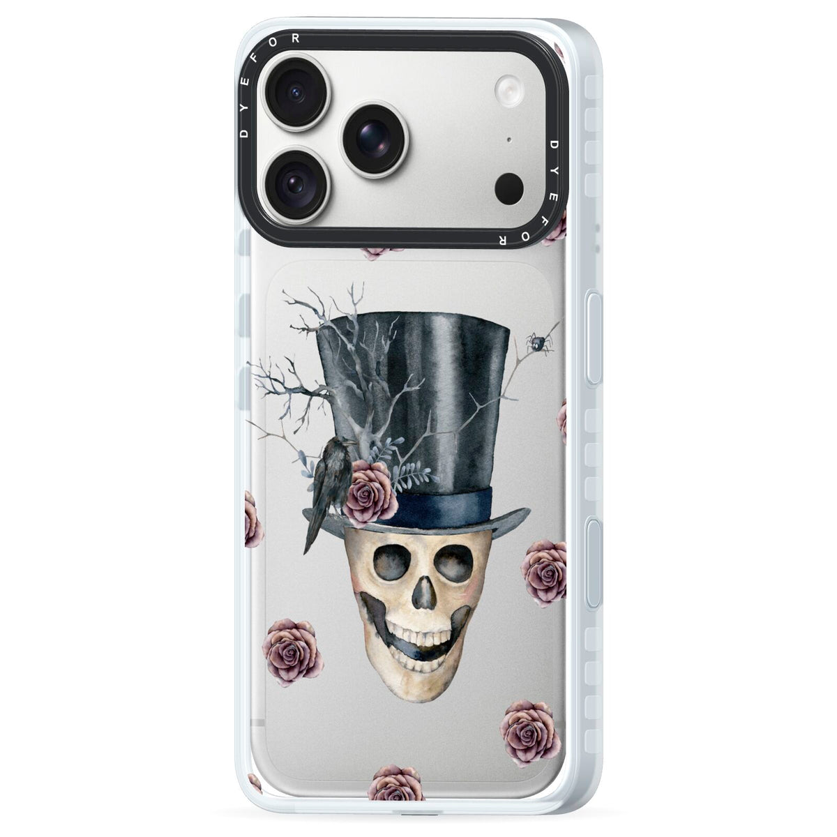 Top Hat Skull iPhone 18 Pro Max Black Impact Pre order Case Side Angle on Silver phone