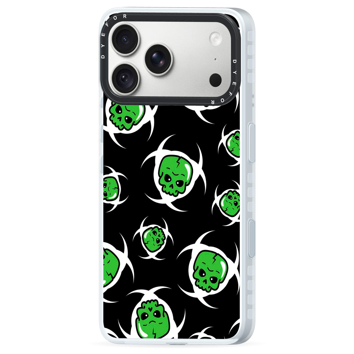 Toxic Skulls iPhone 18 Pro Black Impact Pre order Case Side Angle on Silver phone