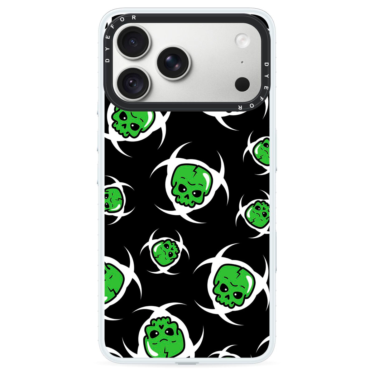 Toxic Skulls iPhone 18 Pro Black Impact Pre order Case on Silver phone