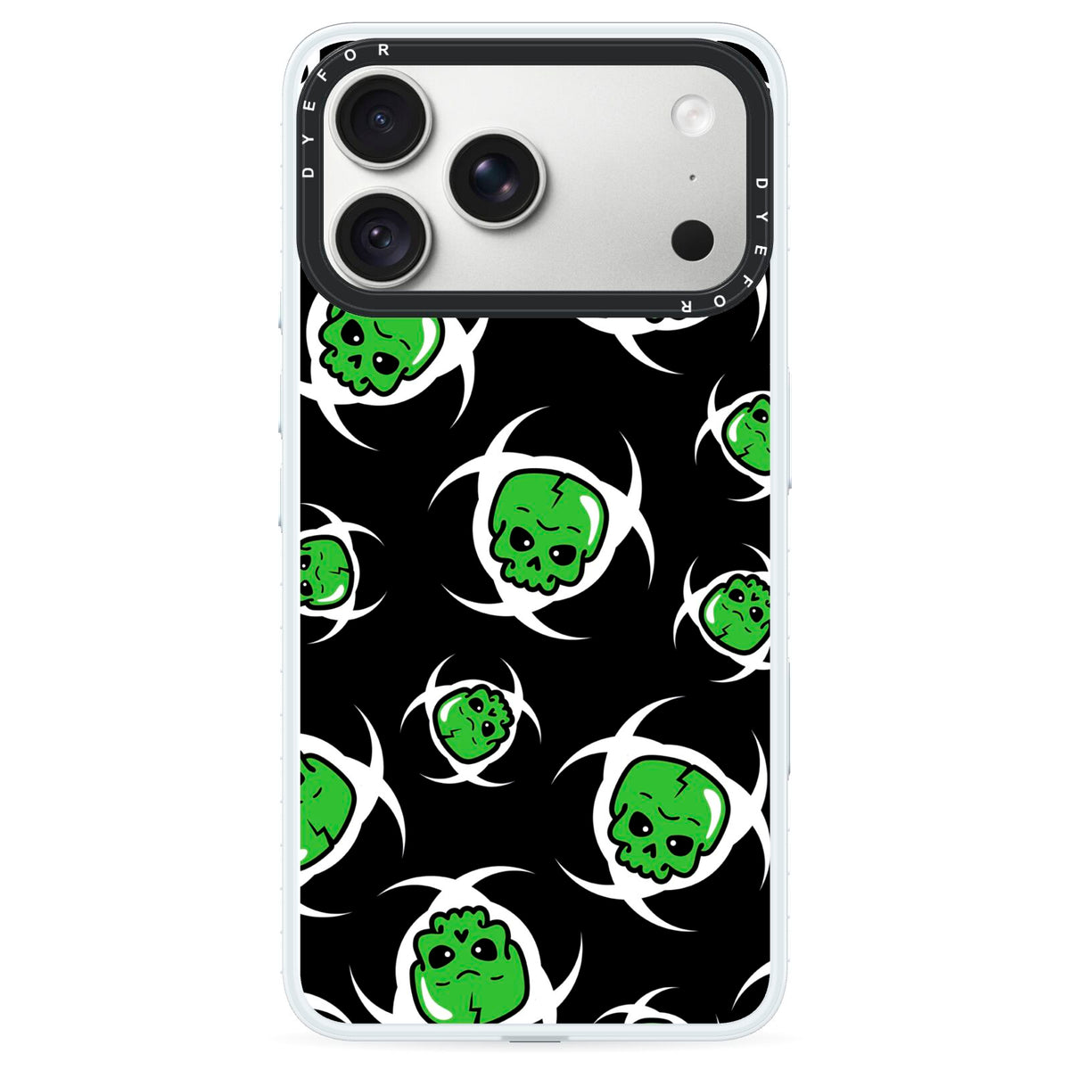 Toxic Skulls iPhone 18 Pro Max Black Impact Pre order Case on Silver phone